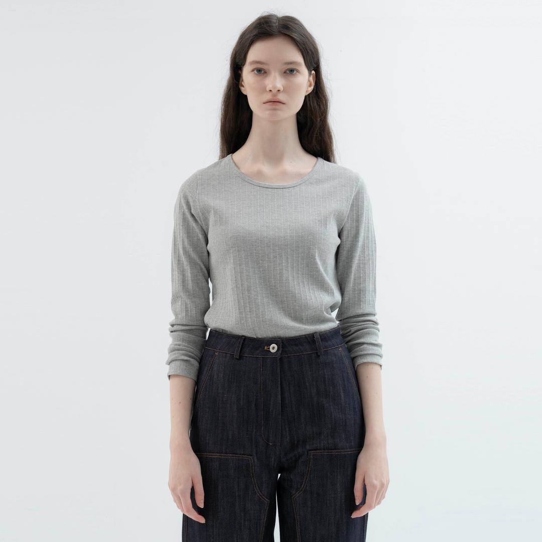 Ribbed U-neck Tee(Gray)