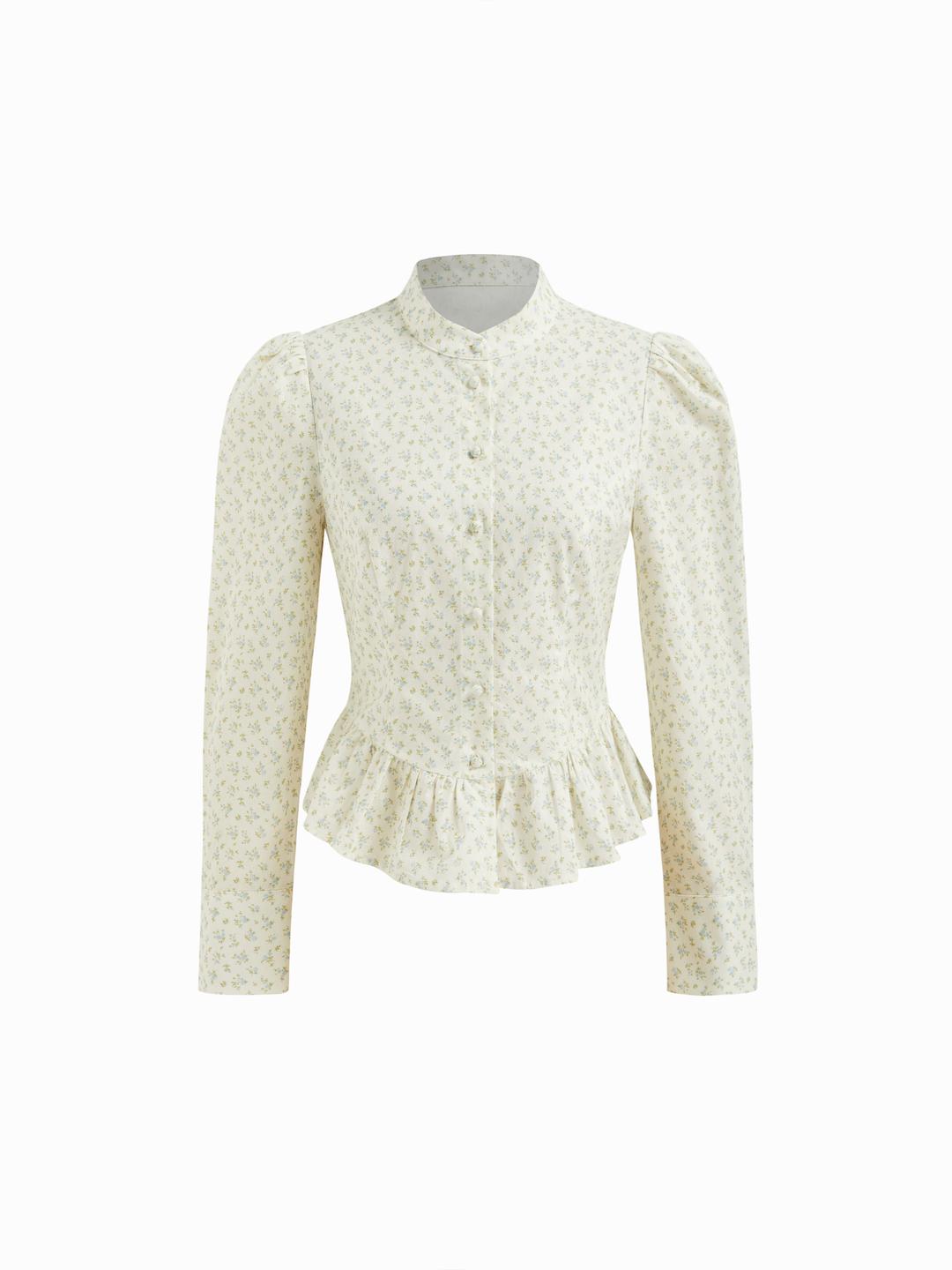 100% Cotton Stand Collar Ditsy Floral Peplum Long Sleeve Blouse