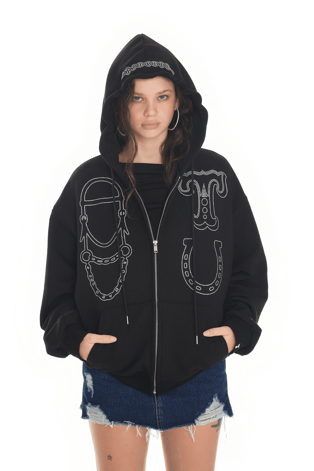 WESTERN HOTFIX ZIP-UP HOODIE (BLACK)