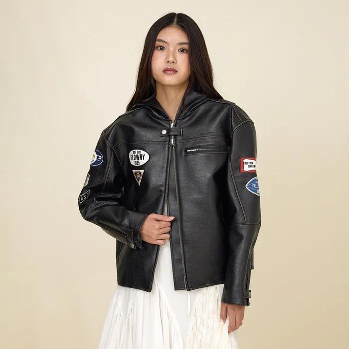 [아현 착용] RACER HOODED LEATHER JACKET (BLACK)