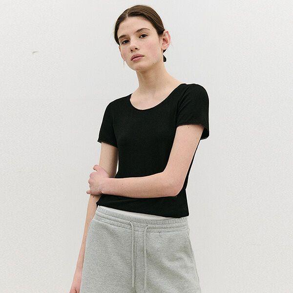 NUBASIC LACE RIBBED T-SHIRT BLACK