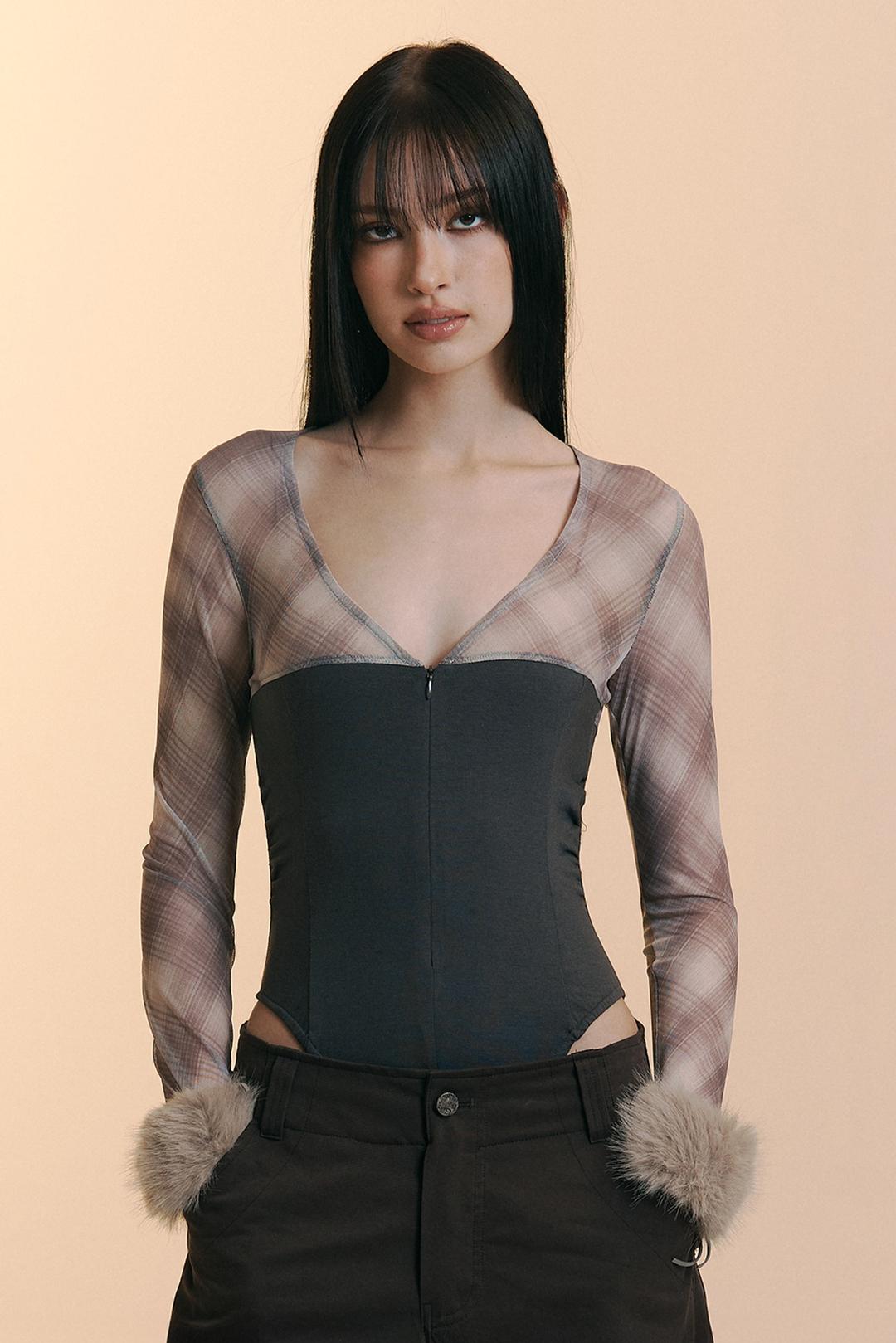 Etta Check Bodysuit (Vintage Charcoal)