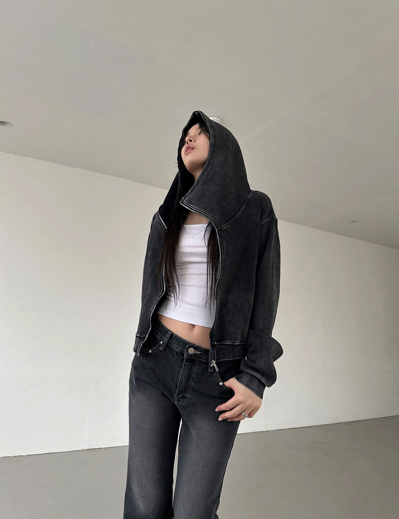 high-neck washed hood zip-up (1color)