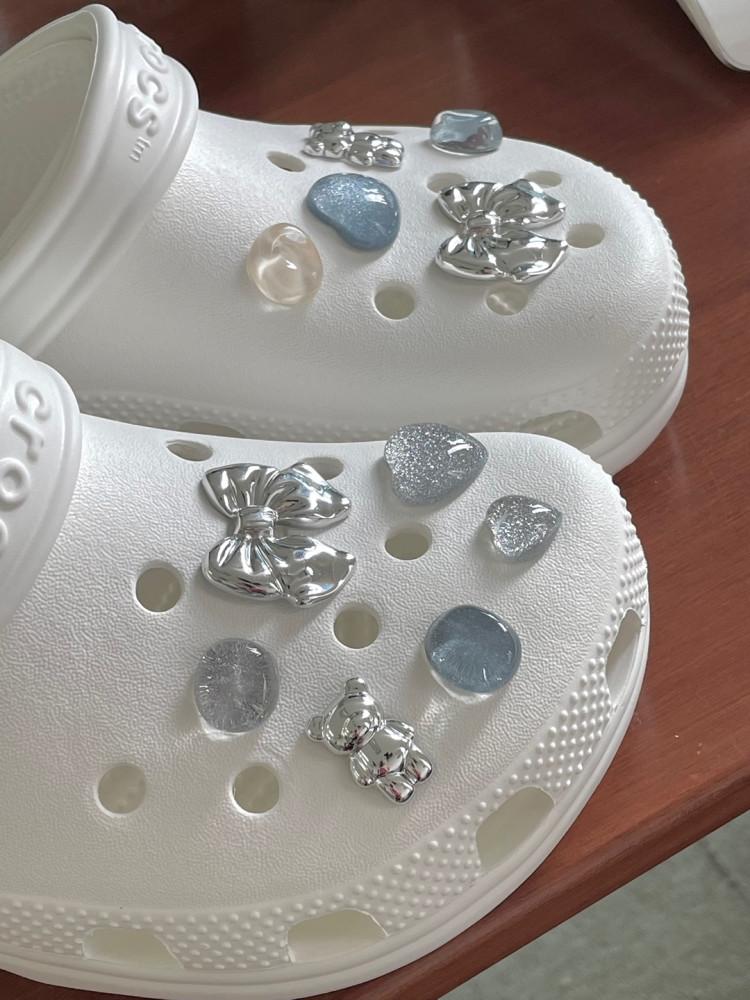 실버 리본 곰돌이 글리터원석 신발꾸미기파츠 슈즈클립 11set 귀여운 곰인형 하트 보석키링 여자코디