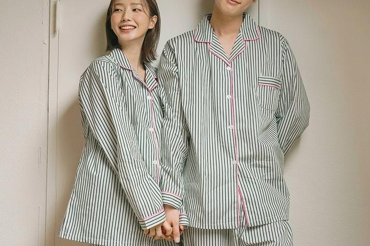 핑구 스트라이프 가을 겨울  긴팔 남녀 신혼부부 파자마 홈웨어 커플잠옷 세트