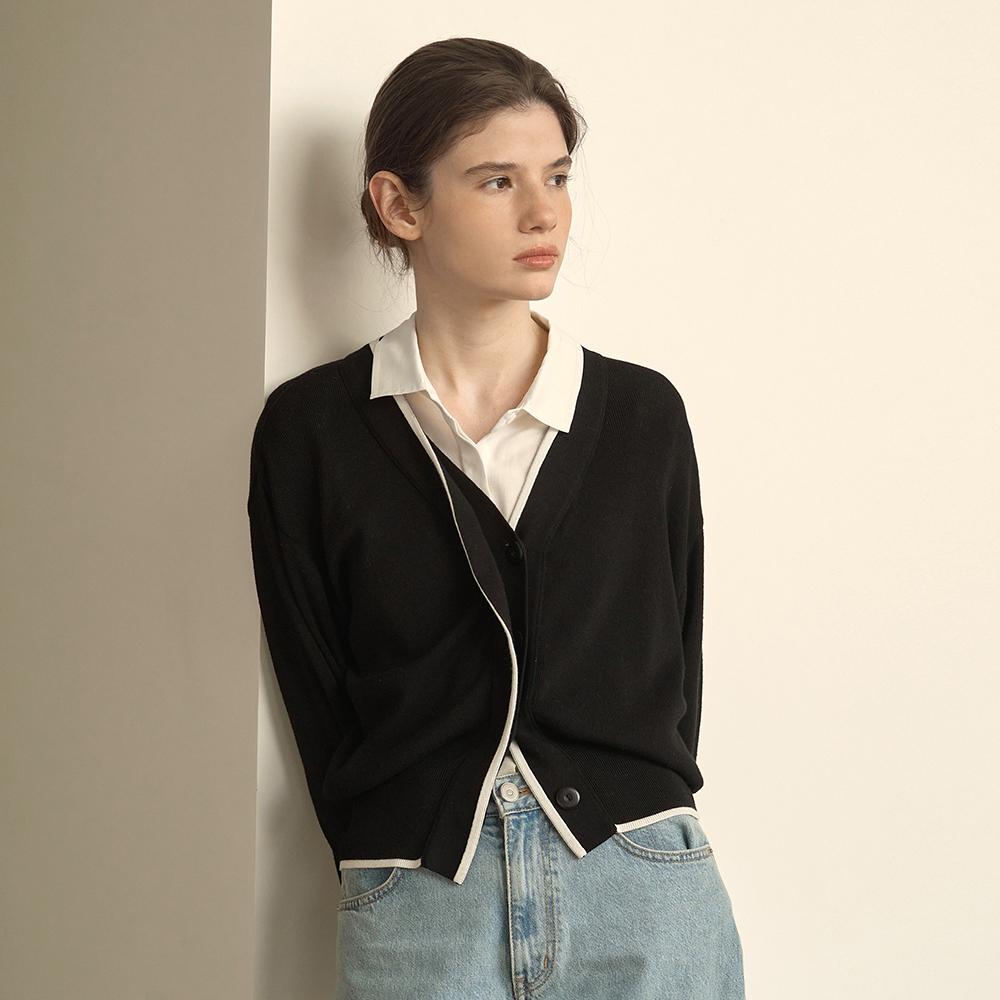 티나 브이넥 배색 가디건 블랙