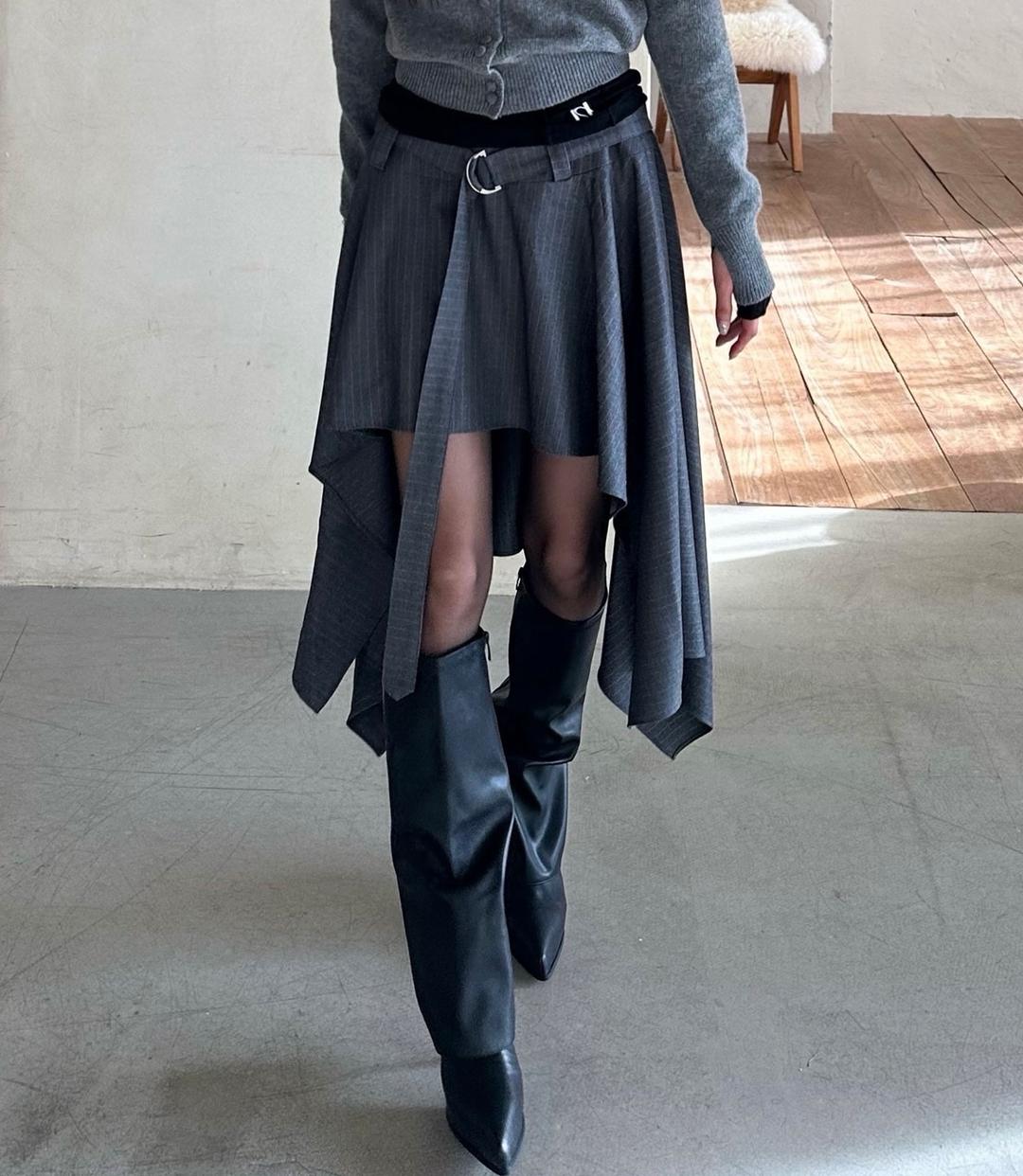 Asymmetric Flared Belted Skirt