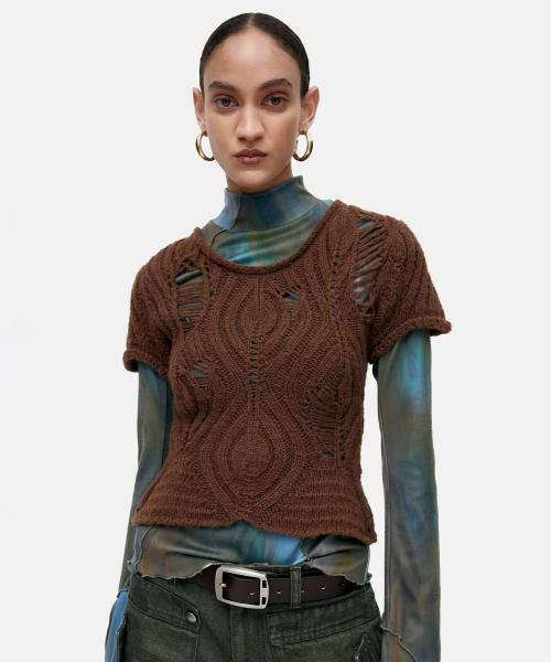 CAP SLEEVE SWEATER LAYERED TOP atb1352w(BROWN)