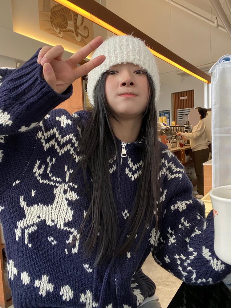 [주문 폭주] 개강추,,긴한데 12/18 이후 순차 출고 (1 color) 밤비 노르딕 울 니트 후드 집업 Bambi Nordic Wool Knit Hood Zip-up