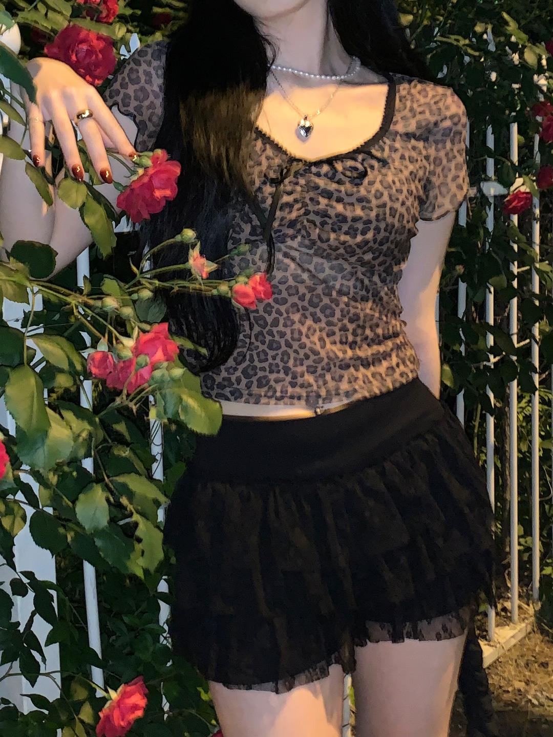 Leopard Ribbon Frill T-shirt