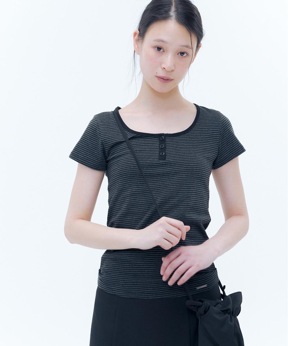 [4.28 release] Striped henley neck short sleeves BLACK