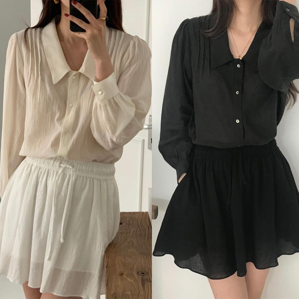 SALE 아이, 블랙 당일 파운더스 founders 아미티 시스루 퍼프 긴팔 쉬폰 카라 블라우스 2color