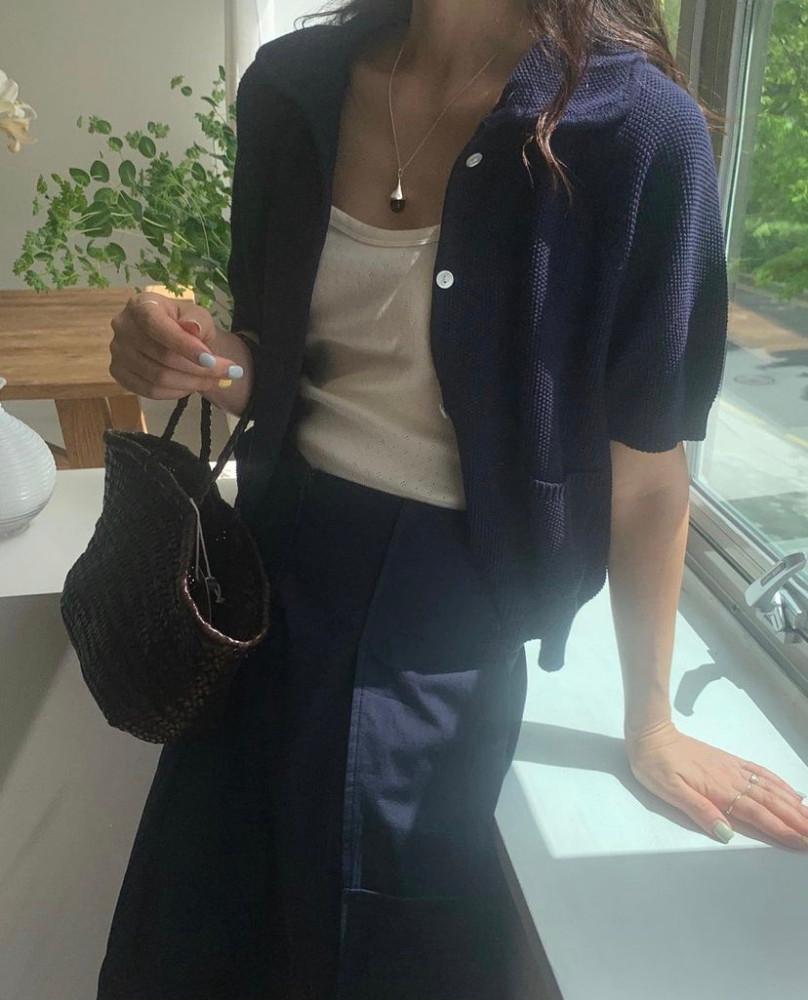 [당일/sale] vasil 바질 베뉴 니트 가디건 둥근 카라 여름 코튼 니트 반팔 가디건 (3colors)