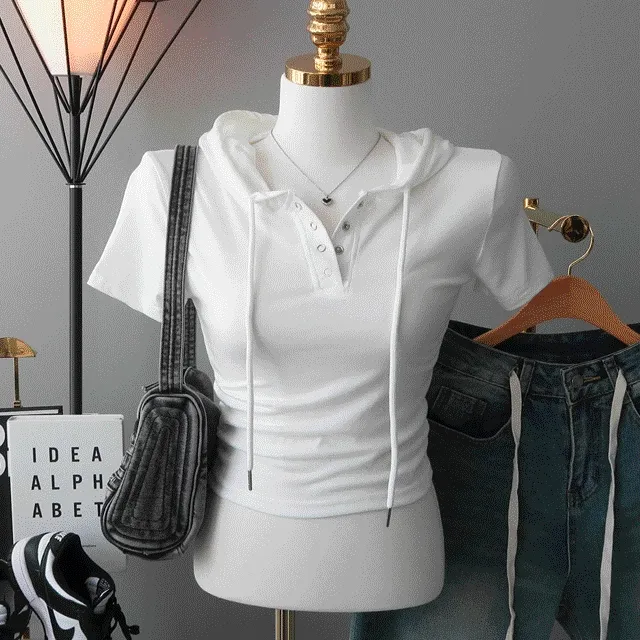 [쫀쫀스판!옆셔링~핏보장ᰔ또또단추 스냅버튼 반팔후드] 또또단추스판반팔후드티