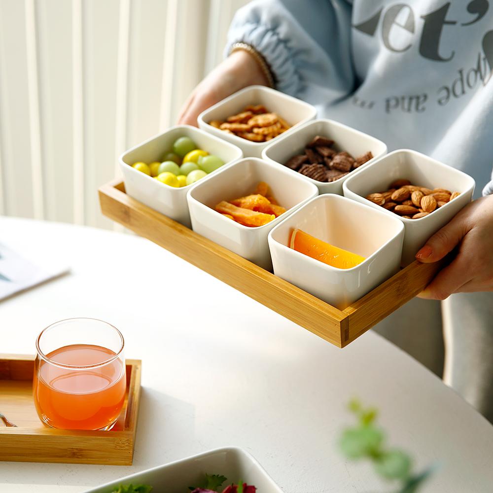 도자기 나눔 접시 서빙 플레이트 정사각 6P 세트 (접시+우드트레이)