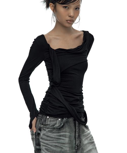 Drape Asymmetric Long Sleeve Black