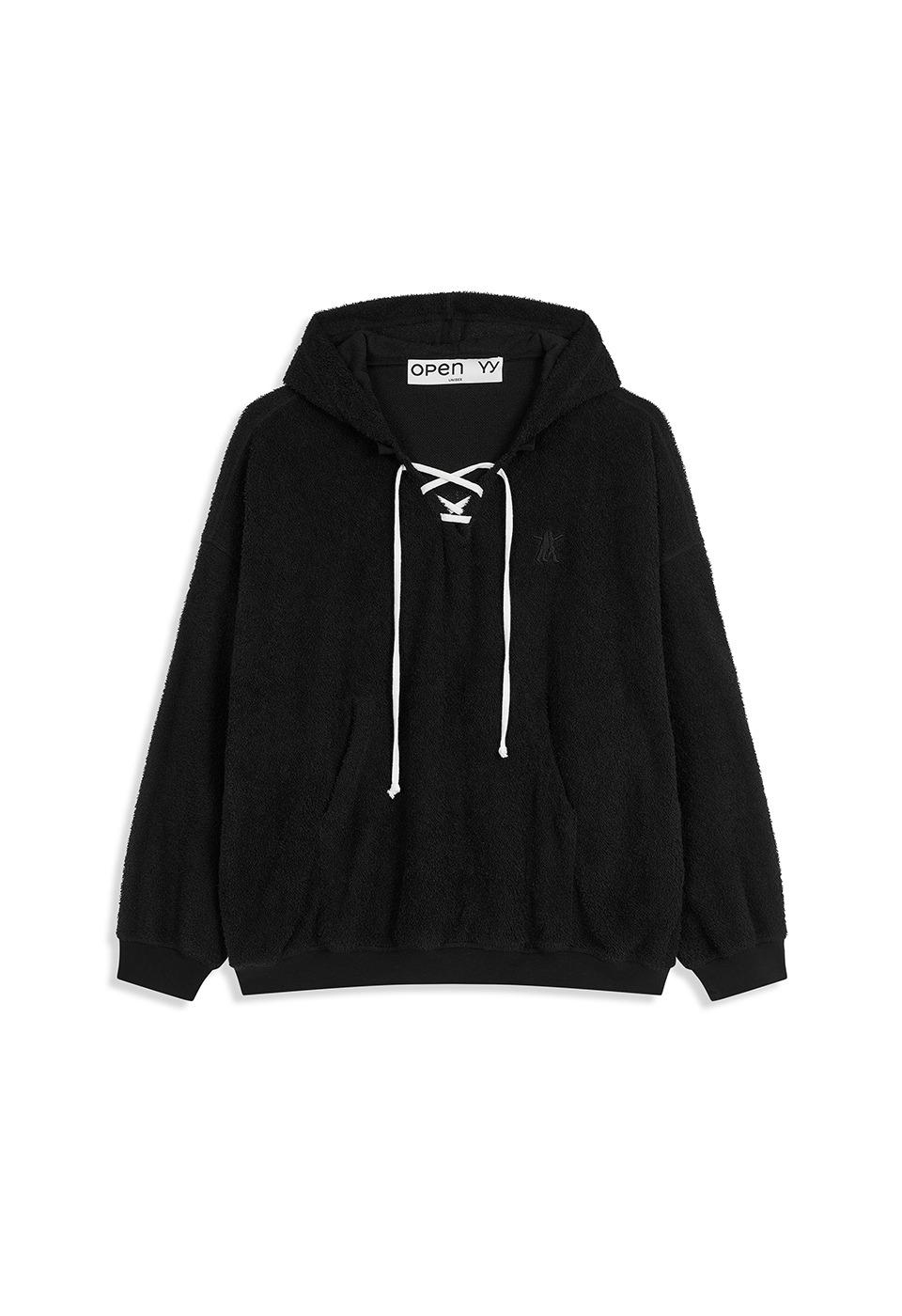 TERRY LACE-UP HOODIE, BLACK