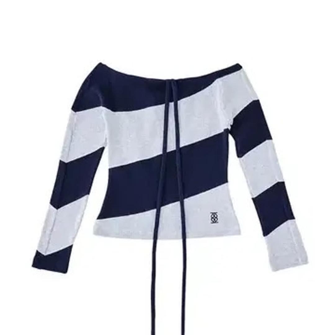 기준 kijun stripe off shoulder navy | 후루츠패밀리