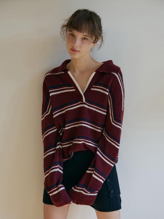 mohair stripe collar pullover-wine