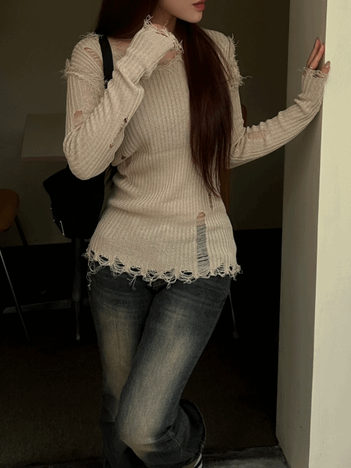 브이넥 워싱 데미지 니트 (3color)