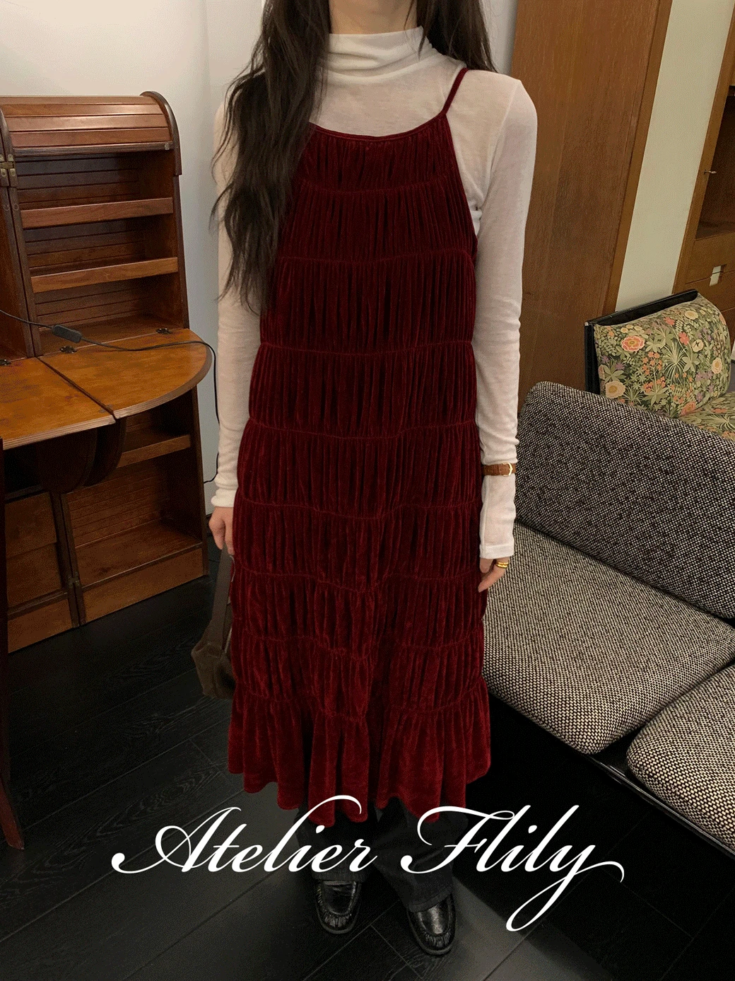 [ONLY FLILY] Sofiana Shirring Velvet Dress