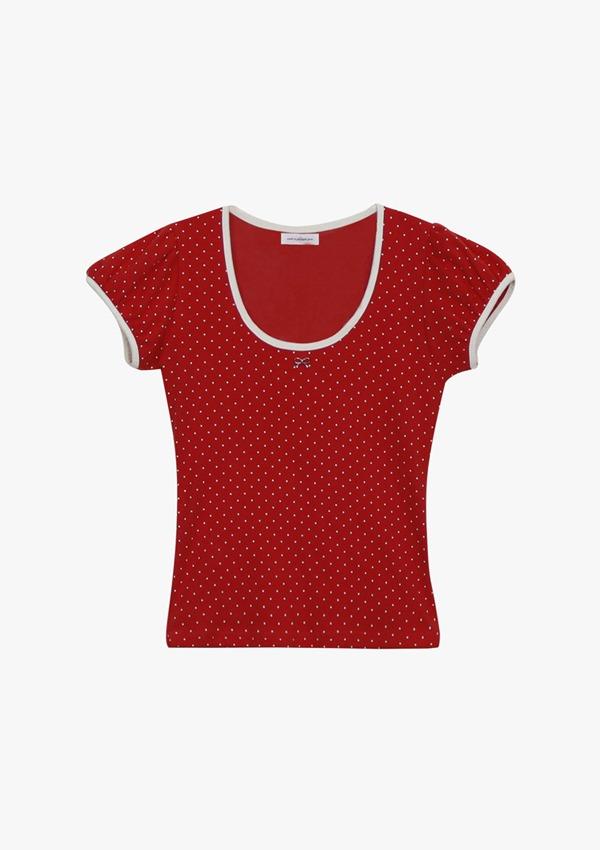 핑크파인애플 DOTTY RIBBON SHIRRING T-SHIRT_RED