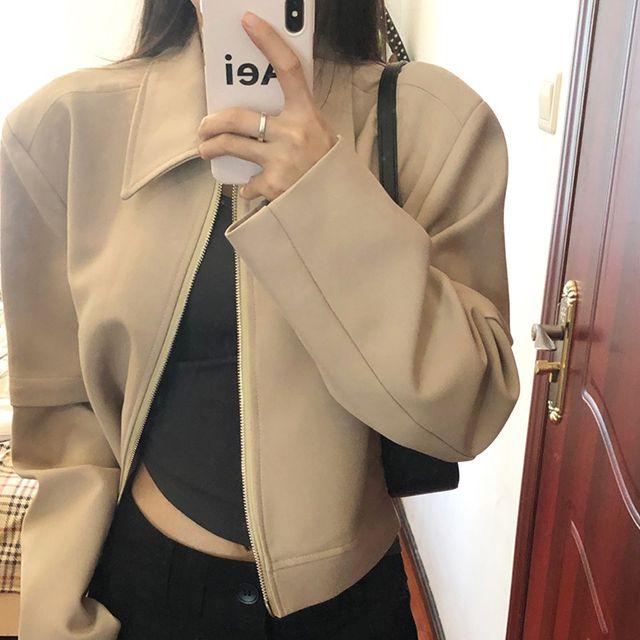 투웨이 지퍼 카라넥 크롭 스웨이드 면 자켓 - 2color