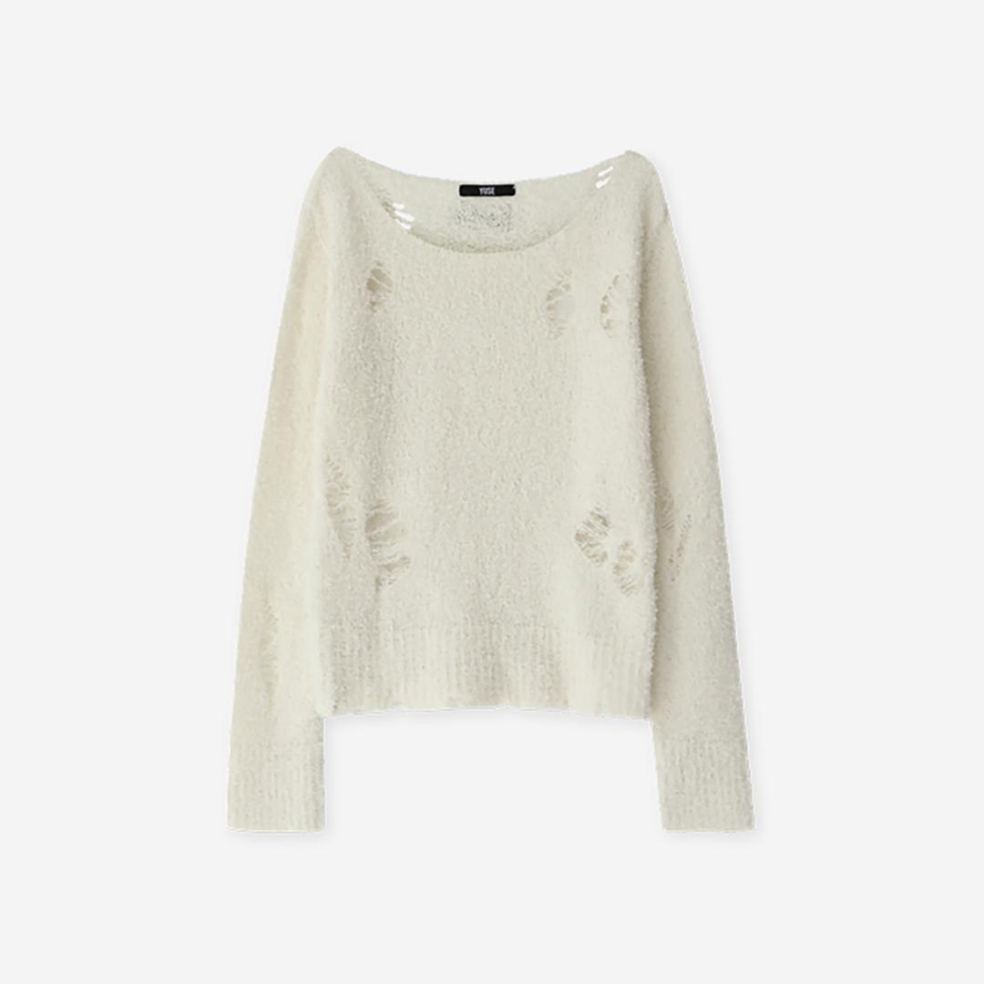 Yuse Women Destroyed Point Boucle Loose Knit Top Ivory