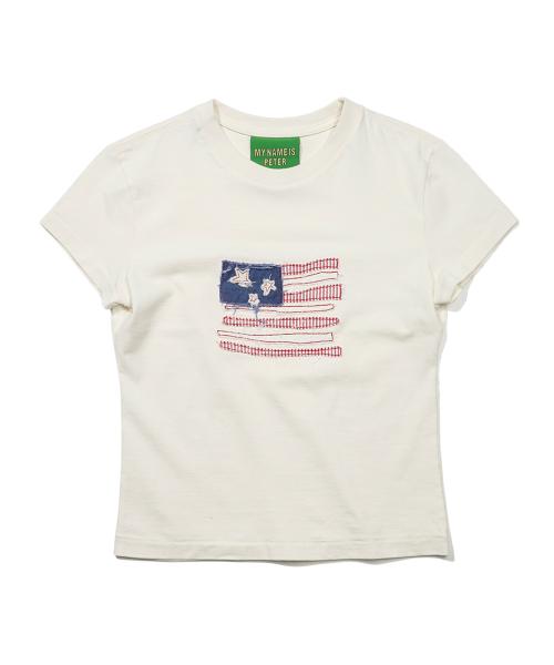 (W) USA FLAG APPLIQUE T-SHIRTS - WHITE