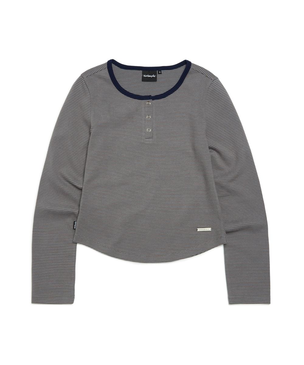우먼즈 스트라이프 헨리넥 긴팔 티셔츠 - D/BLUE
