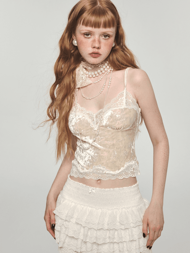 1JINN STUDIO 슬리브리스 벨벳 레이스 크롭 탑 (3컬러)