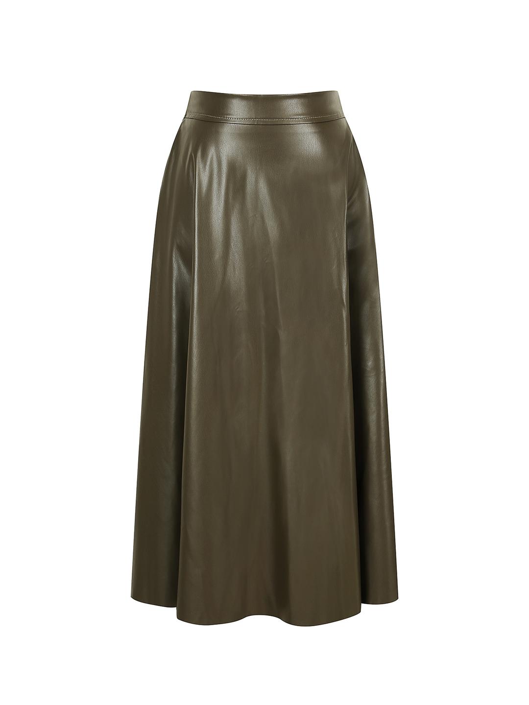 더틸버리 페이크 레더 밴딩 플레어 스커트 (DARK KHAKI) TRAN0SK53W