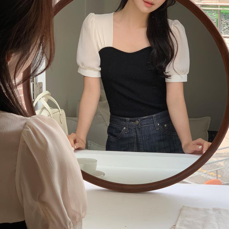 아뜨랑스 [청순가련무드] 르엔 하트넥 배색 크롭 쉬폰 하객 블라우스 쉬폰블라우스 데이트룩,출근룩,모임룩,하객룩,격식룩 bs7834