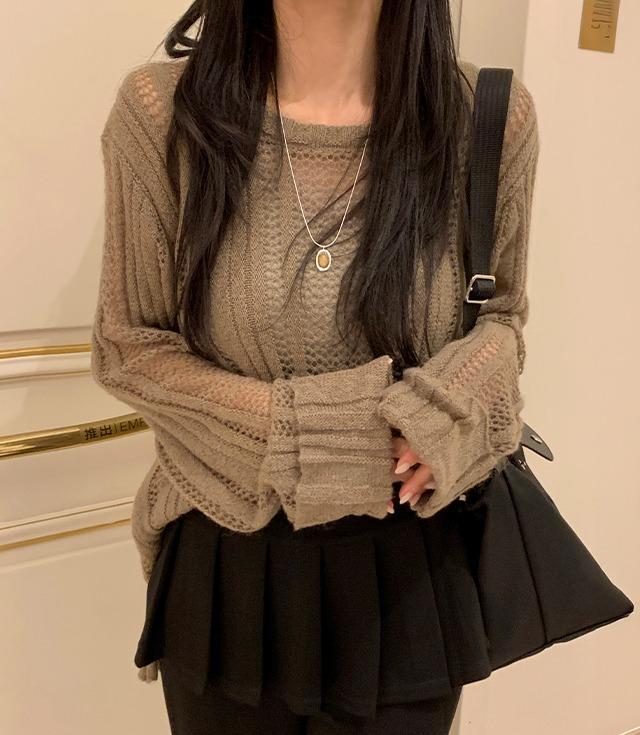 [롤업디자인🤟]쥬멜 시스루 라운드니트(2color) [소매 롤링 그물 네트망 유넥 라운드 루즈핏 오버핏 긴팔 사계절 봄]