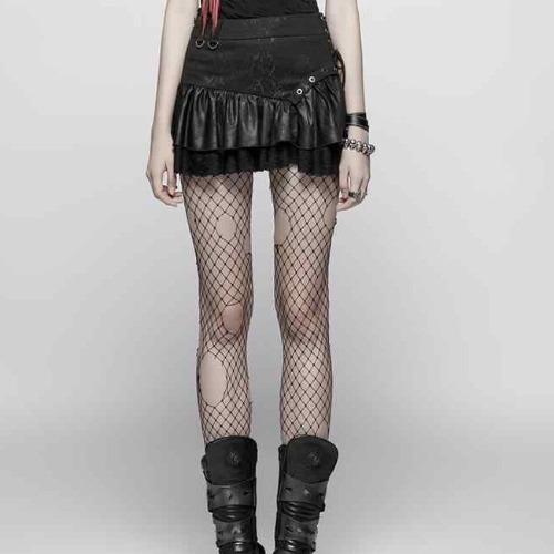 [펑크레이브] PUNK RAVE WQ385 페이크레더 로맨틱 러플 마이크로미니 스커트 (XS,S,M )