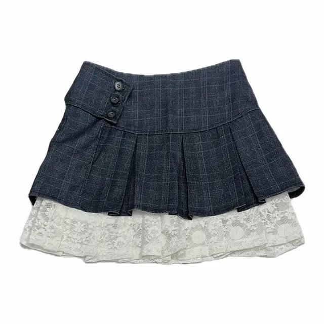 0022 - [Set] Check pleats lace skirt