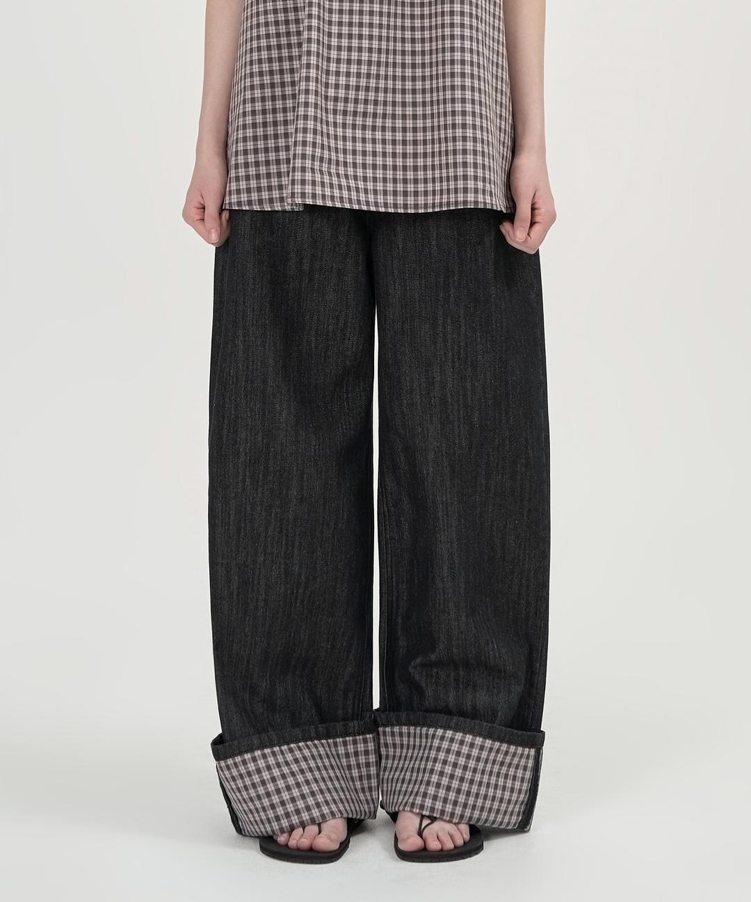 (W) 체크 포인트 데님 팬츠 (BLACK)