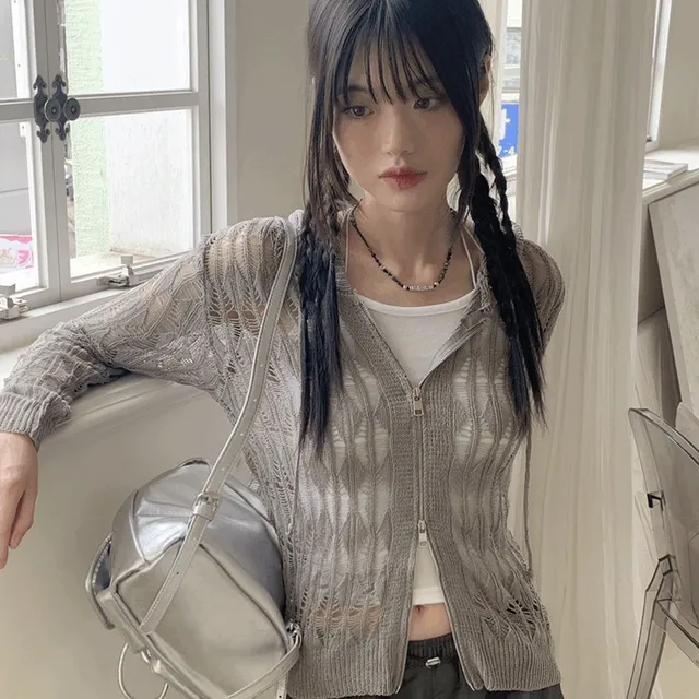 포레아 투웨이 펀칭 오버핏 니트 후드 집업