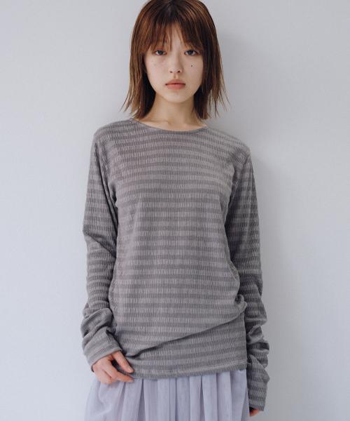 STRIPE PLEATED LONG SLEEVE, CHARCOAL