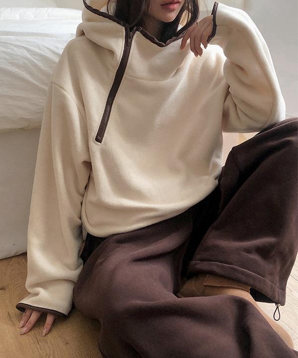 쇼퍼랜드 [보송][한파템❄️] 토퍼 사선 지퍼 배색 후드 후리스 아노락 맨투맨 (2color)