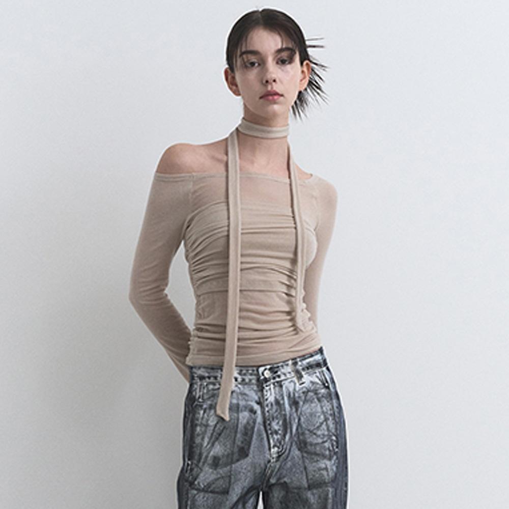 RIBBON OFF-SHOULDER DRAPE TOP, BEIGE