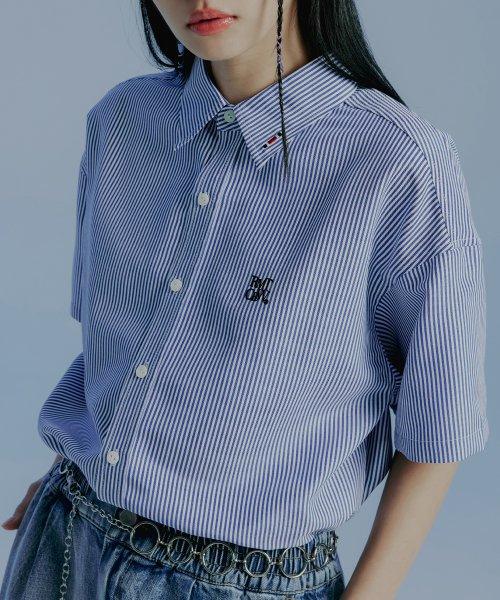 리센츠 로고 스트라이프 하프 셔츠_네이비