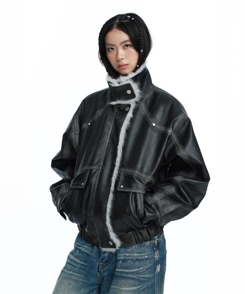 워싱 레더 무스탕 자켓 그레이