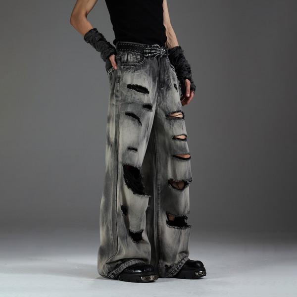 Gray Gradient Washed Distressed Loose Jeans