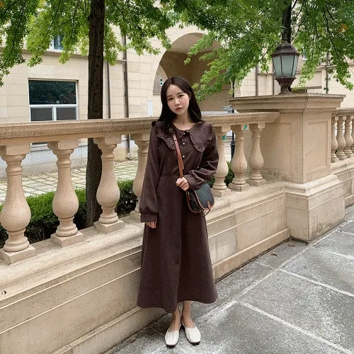 [겨울/피치기모] 프릴 카라 세일러 리본 롱 원피스