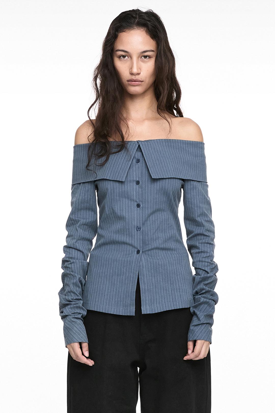 STRIPED OFF SHOULDER SHIRT BLUE