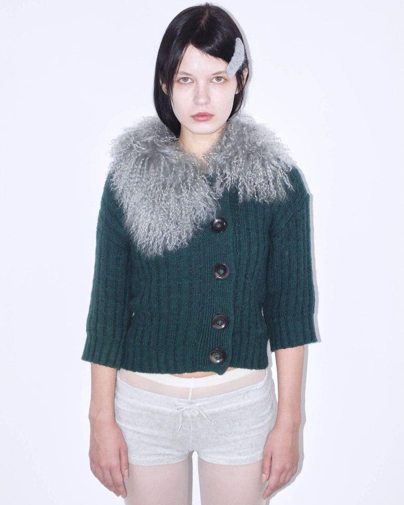 GREEN ALPACA WOOL CARDIGAN WITH GRAY FUR NECKLINE - Anemonia