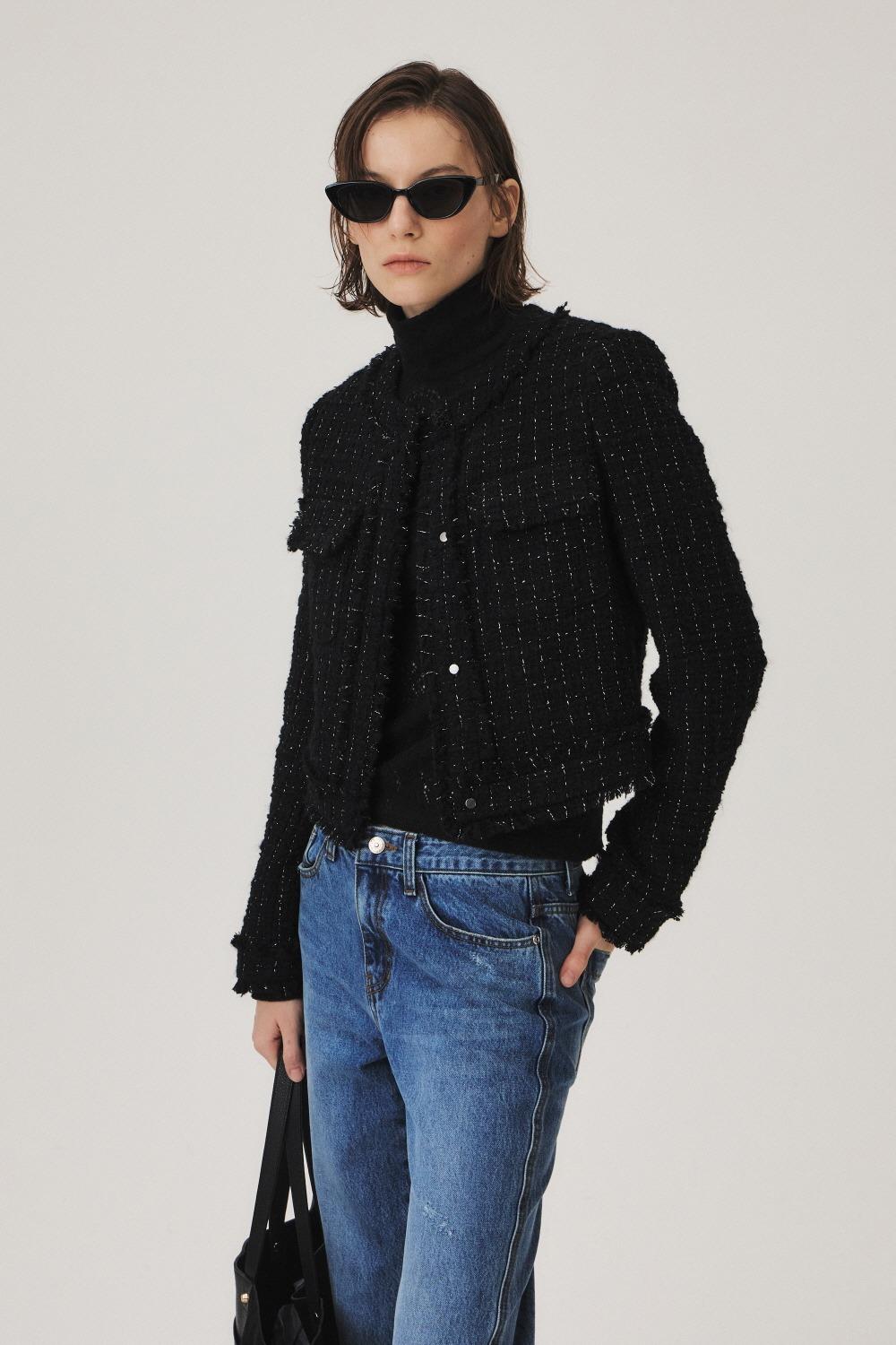 Wool Tweed Fringe Jacket, Black