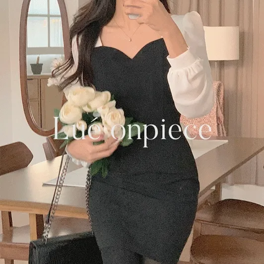 [고퀄/3col]루에 하트넥 스퀘어넥 배색 퍼프 미니 원피스 하객룩