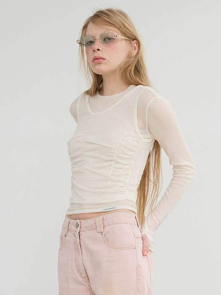 레이어드 슬림 셔링 티셔츠 아이보리 AW5SE23003